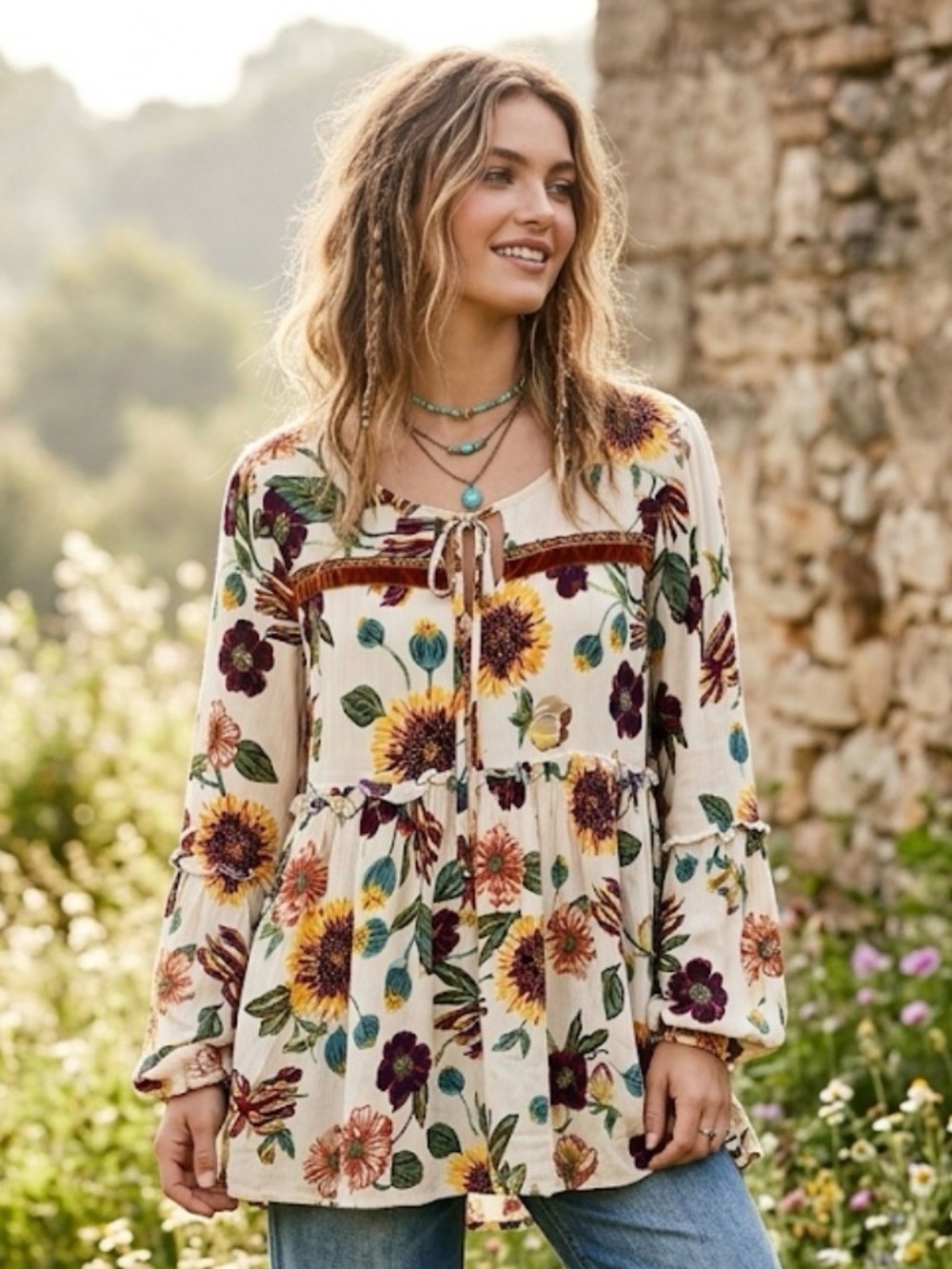 ivy jane Cream Floral Tiered Peasant Tunic